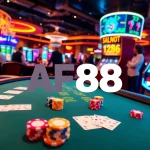 Experience thrilling gambling action at AF88, featuring poker tables and vibrant slot machines.