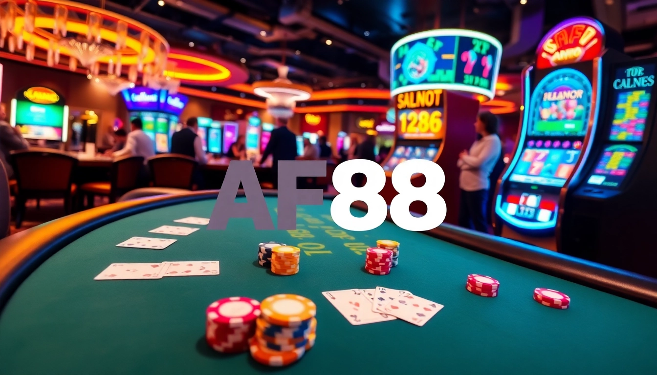 Experience thrilling gambling action at AF88, featuring poker tables and vibrant slot machines.