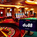 Experience excitement at https://du88.sbs/ with a captivating casino scene featuring poker tables, roulette wheels, and vibrant slot machines.