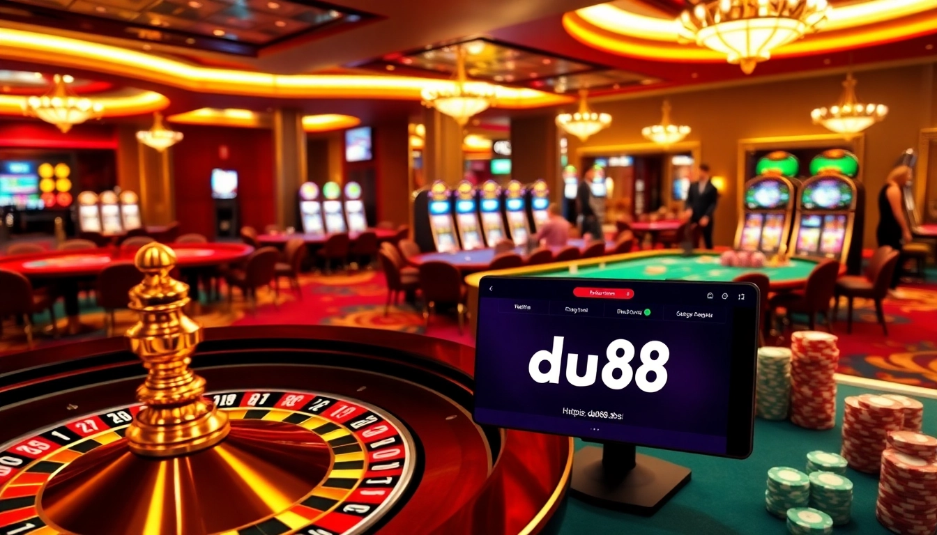 Experience excitement at https://du88.sbs/ with a captivating casino scene featuring poker tables, roulette wheels, and vibrant slot machines.