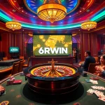 Players engaging in exciting gameplay at a 6RWIN casino table with chips and cards.