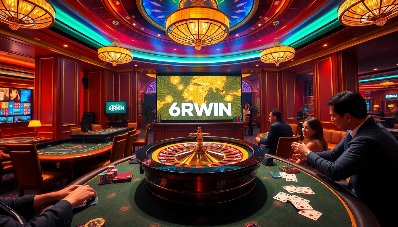 Players engaging in exciting gameplay at a 6RWIN casino table with chips and cards.