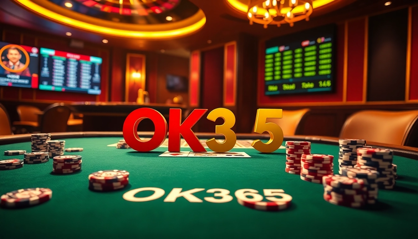 Engage with OK365's thrilling casino atmosphere featuring poker chips and a roulette wheel.