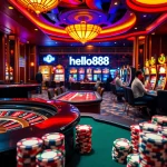hello88 casino scene with roulette wheel, poker action, and exciting slot machines