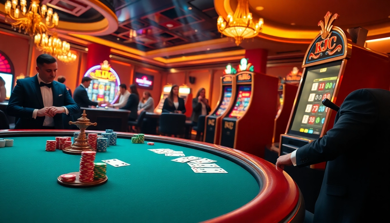 KJC gamblers enjoying a thrilling poker game at a luxurious casino table.