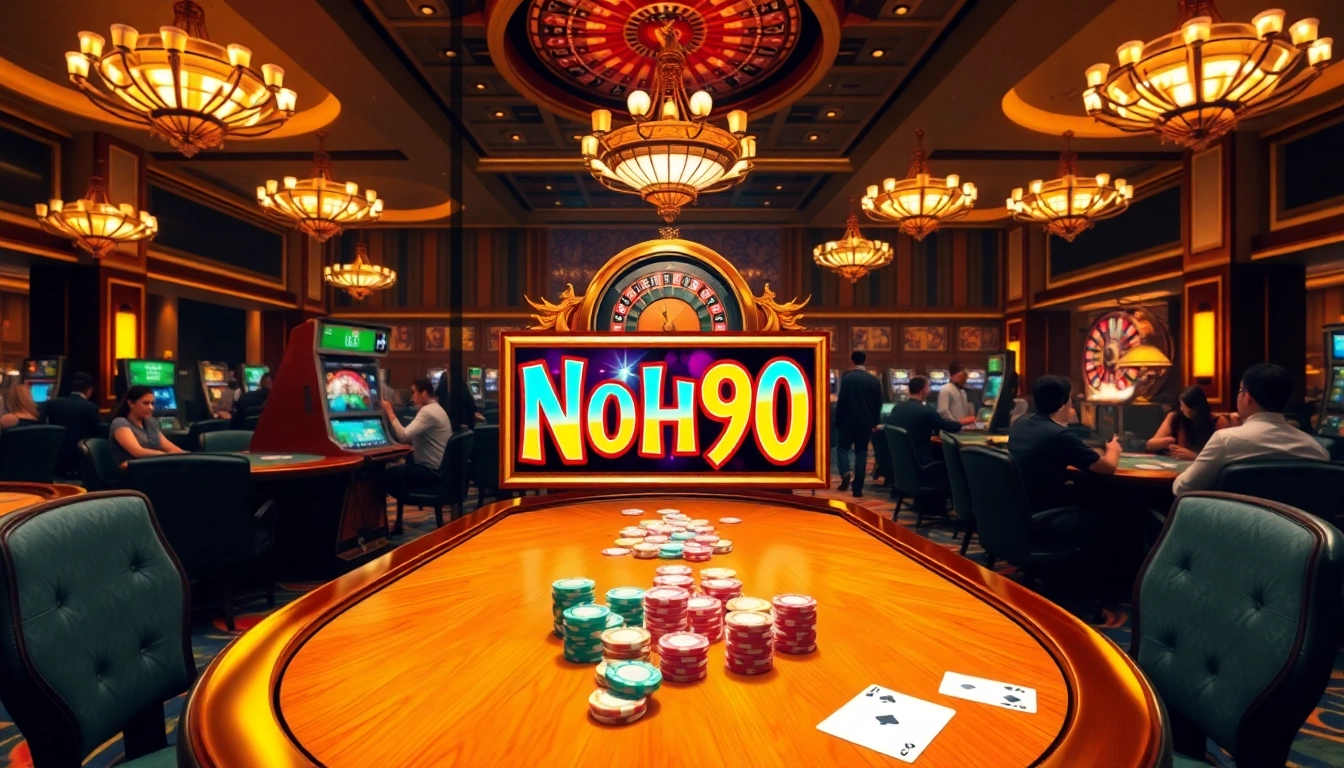 Nohu90 themed slot machine in a luxurious casino setting capturing excitement and sophistication.