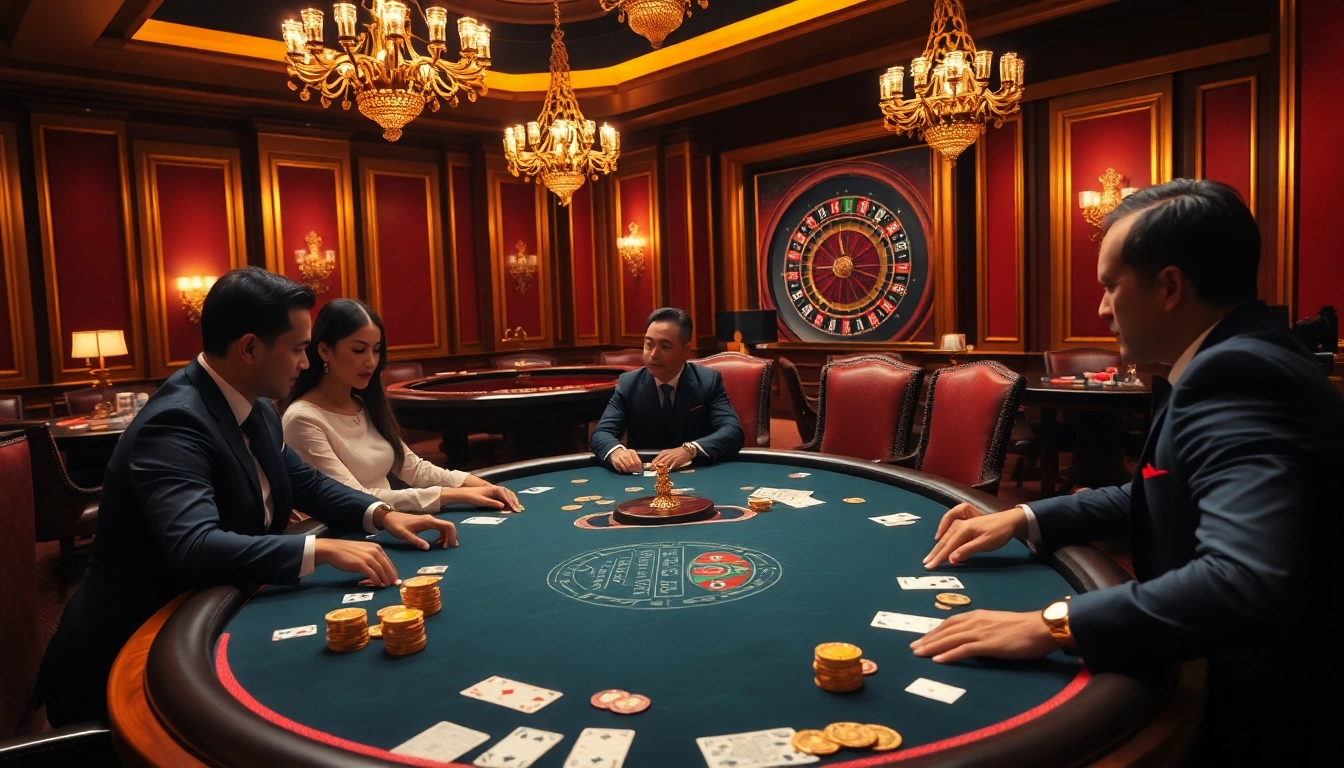 Players strategize at a luxurious poker table at 79win casino, showcasing excitement and glamour.