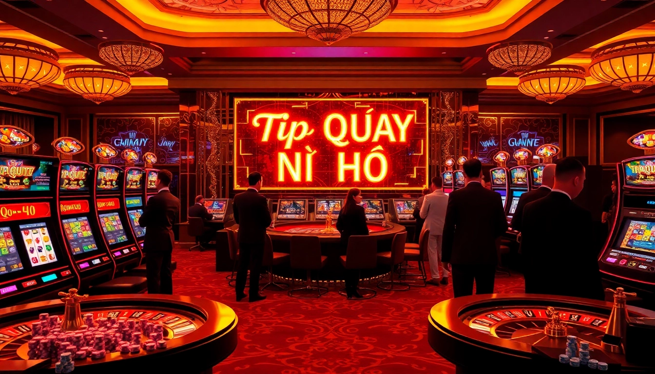 Experience the thrill of Tip Quay Nổ Hũ in a glamorous casino with vibrant slot machines.