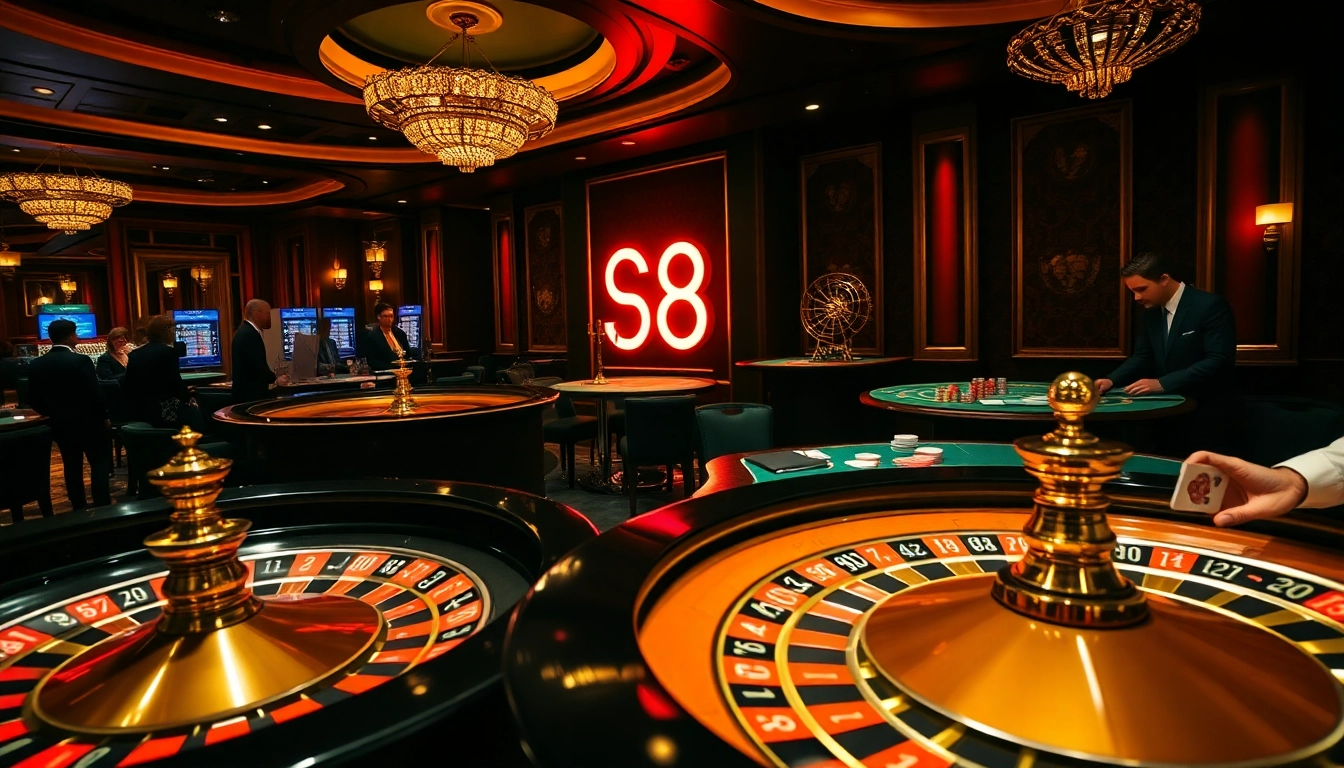 S8 casino excitement with a roulette wheel and poker tables illuminated in a luxurious atmosphere.