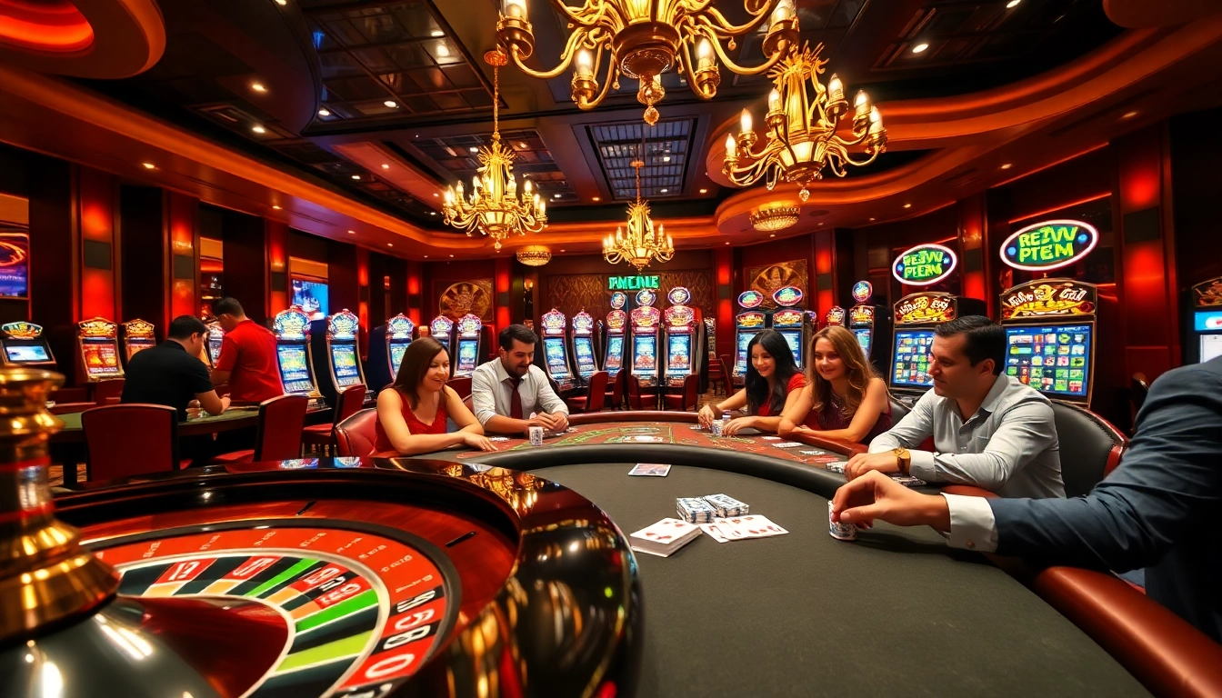 Players enjoying a thrilling poker game at 88i casino, surrounded by vibrant chips and lights.