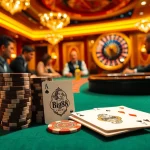 Engaged players at a Big88 poker table in a luxurious casino setting, depicting high-stakes excitement.