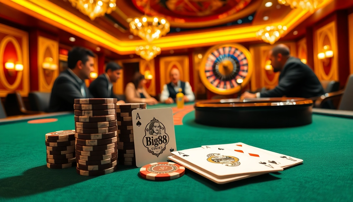 Engaged players at a Big88 poker table in a luxurious casino setting, depicting high-stakes excitement.