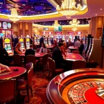 Patrons enjoy high-stakes games at MV66 casino, vibrant tables and slot machines creating excitement.
