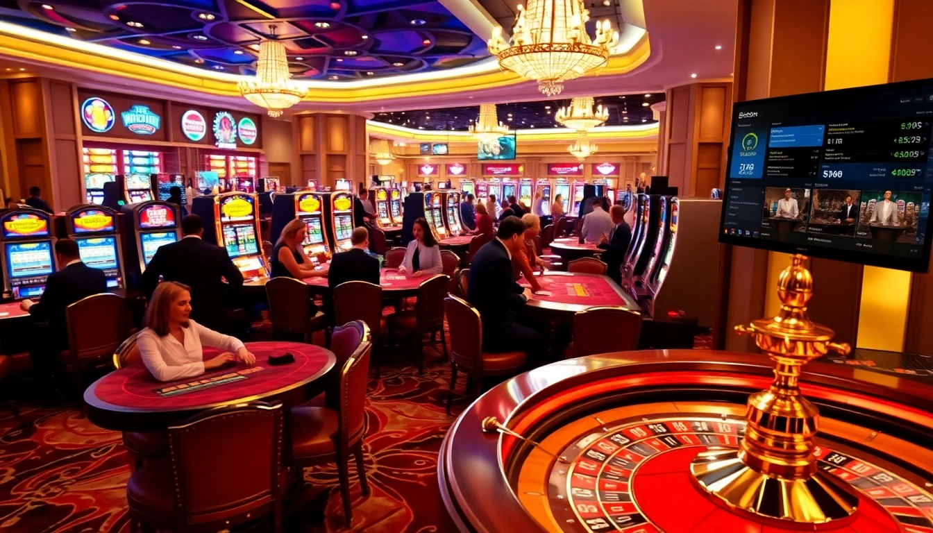 Patrons enjoy high-stakes games at MV66 casino, vibrant tables and slot machines creating excitement.
