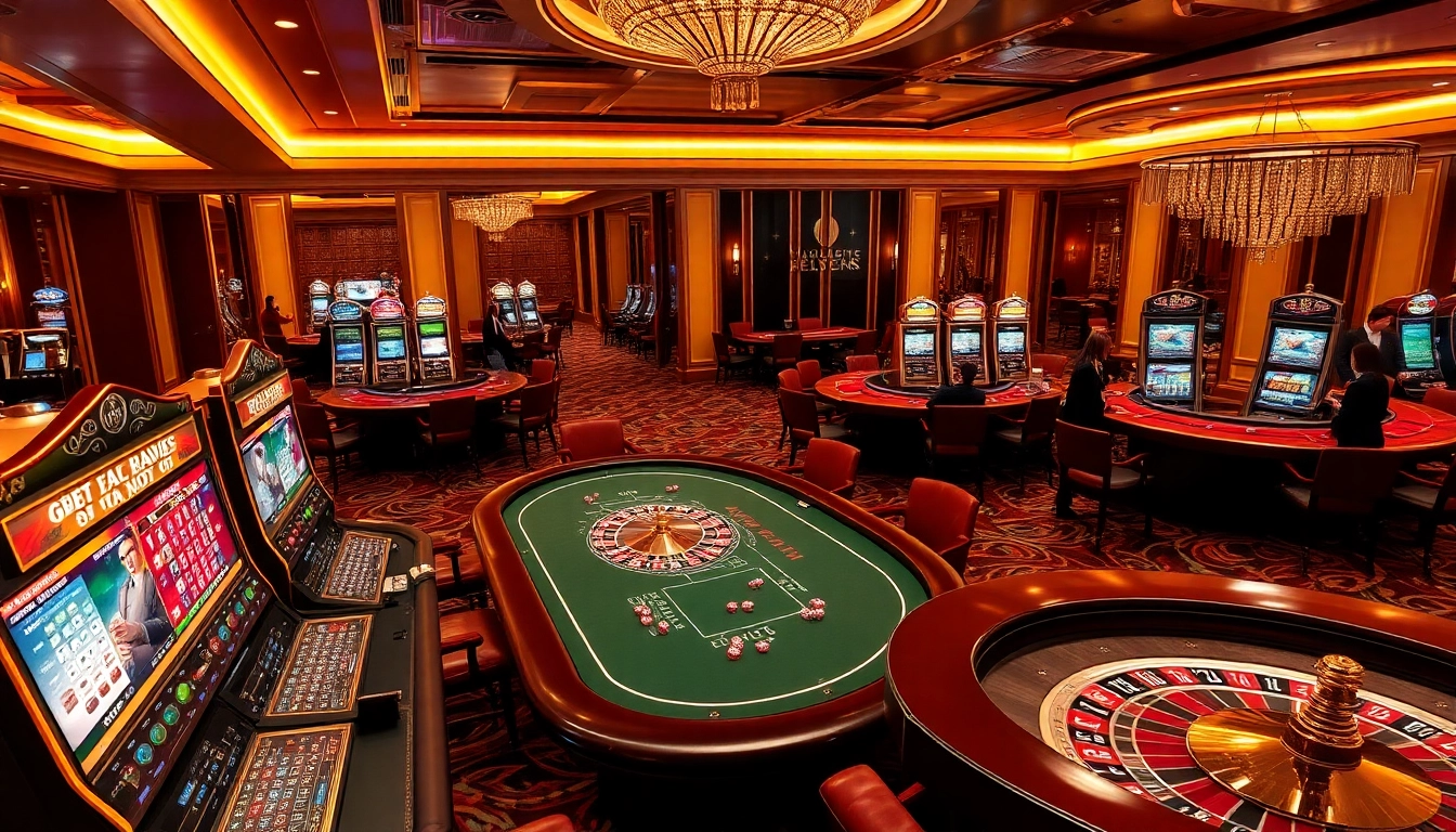 Engaging scene of high-stakes gamblers enjoying games at https://nk88s.com/ casino with vibrant slot machines.