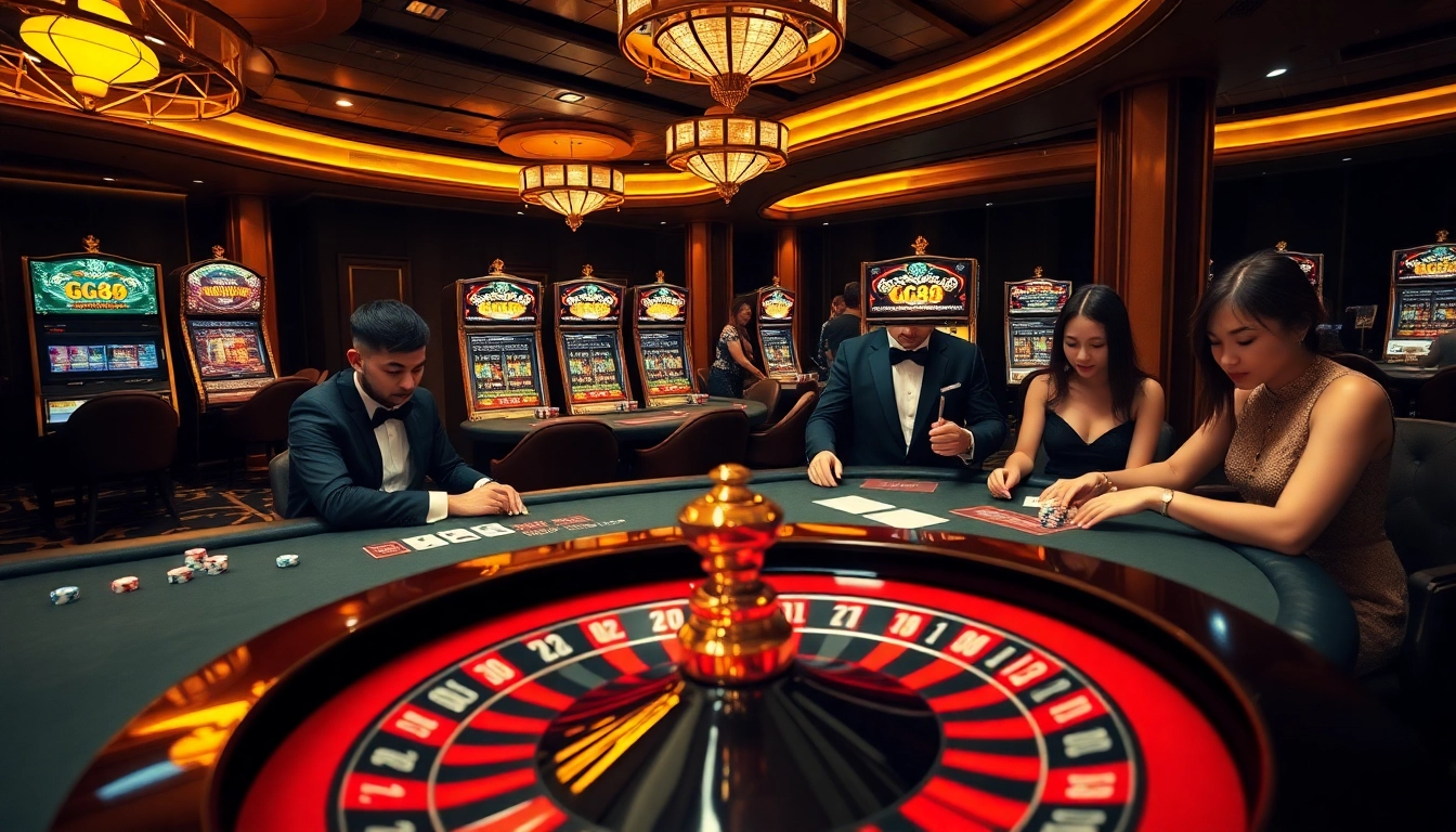Exciting GG88 casino scene showcasing poker tables and slot machines in a luxurious setting.