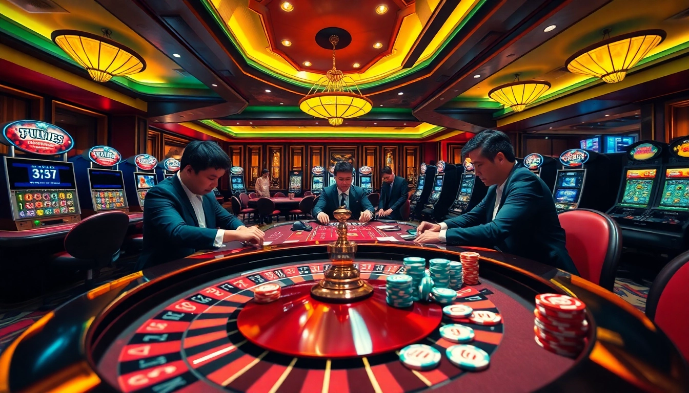 Gambling enthusiasts enjoying a thrilling experience at Fun88's vibrant casino scene with roulette, poker, and slots.