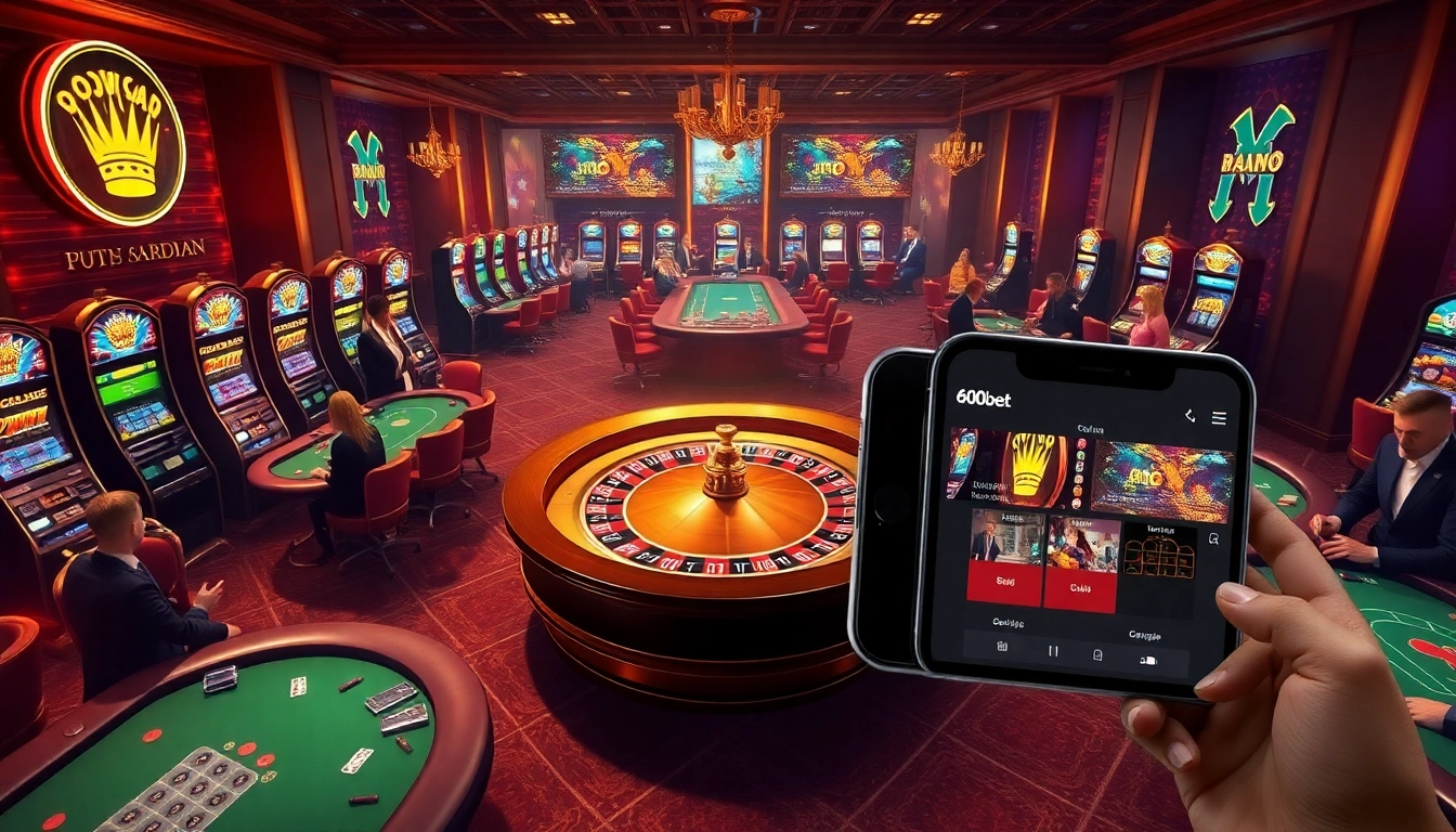 Experience thrilling gaming at 600bet, featuring roulette and poker tables in a luxurious casino setting.