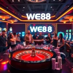 WE88 players engaging at a high-stakes poker table, showcasing excitement and luxury in gambling.