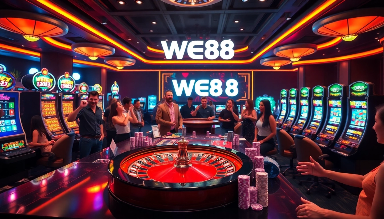 WE88 players engaging at a high-stakes poker table, showcasing excitement and luxury in gambling.