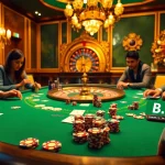 Jogar pôquer com fichas BL555 vibrantes em um cassino de luxo, repleto de emoção.