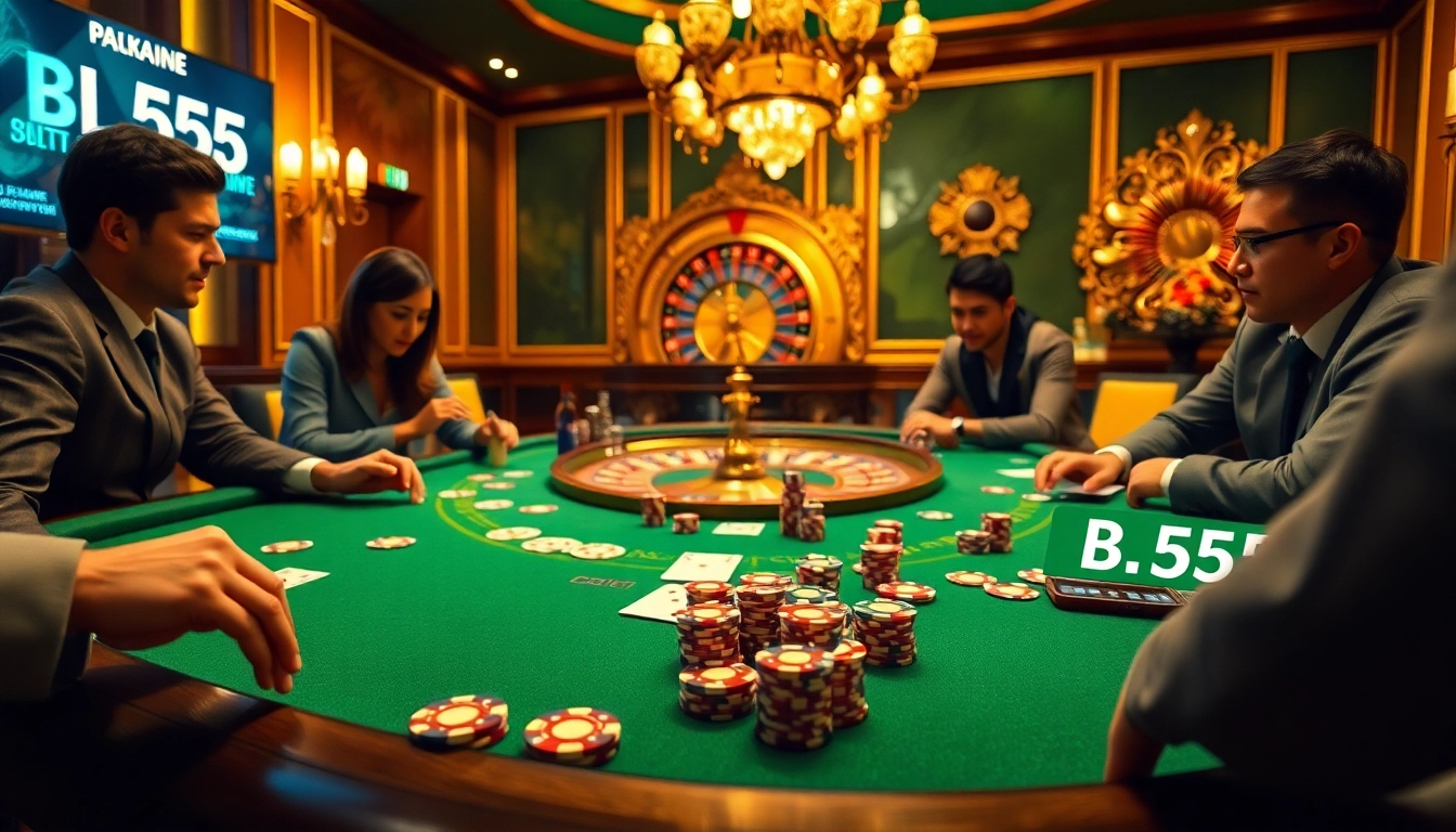 Jogar pôquer com fichas BL555 vibrantes em um cassino de luxo, repleto de emoção.