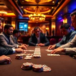 Excited gamblers at a poker table featuring 8KBET chips and cards in a luxurious casino.