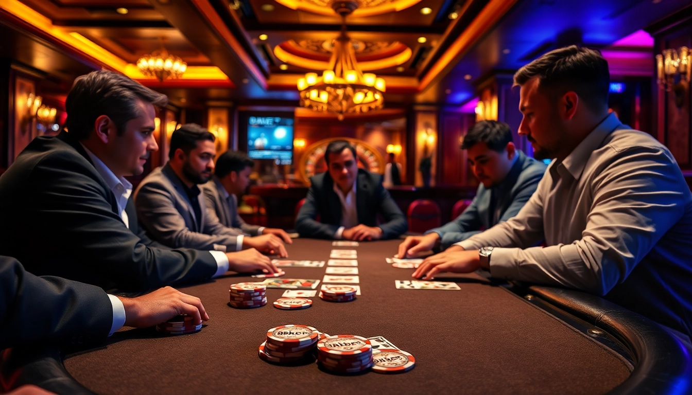 Excited gamblers at a poker table featuring 8KBET chips and cards in a luxurious casino.