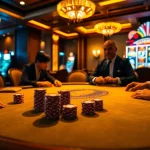 An engaging poker game at 68 Game Bài with vibrant colors and professional players, showcasing high-stakes gambling excitement.