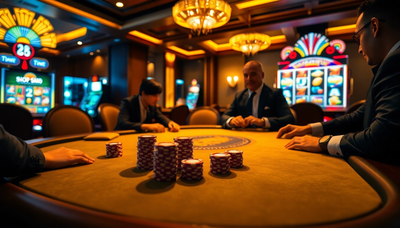 An engaging poker game at 68 Game Bài with vibrant colors and professional players, showcasing high-stakes gambling excitement.