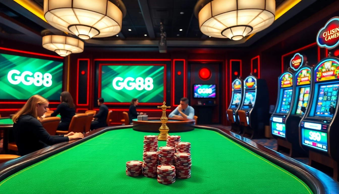 Experience the thrill of casino gaming with GG88 showcasing exciting tables, chips, and modern slots.