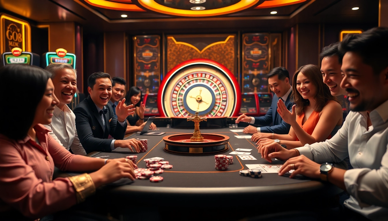Players eagerly engaging at a GO88 casino table with vibrant chips and cards.