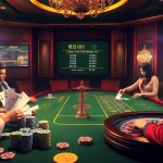 Dynamic casino scene portraying tỷ lệ kèo calculations amidst players engaging in strategic betting.