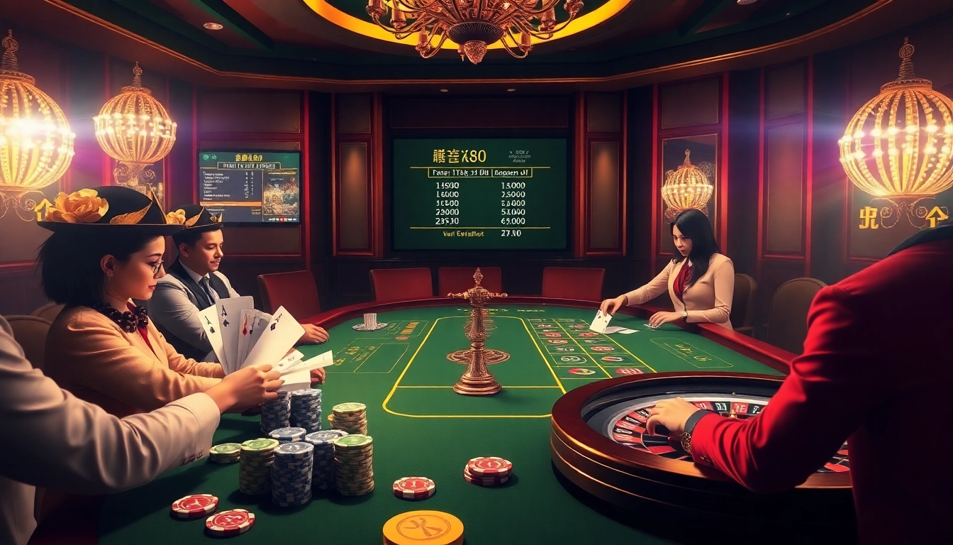Dynamic casino scene portraying tỷ lệ kèo calculations amidst players engaging in strategic betting.