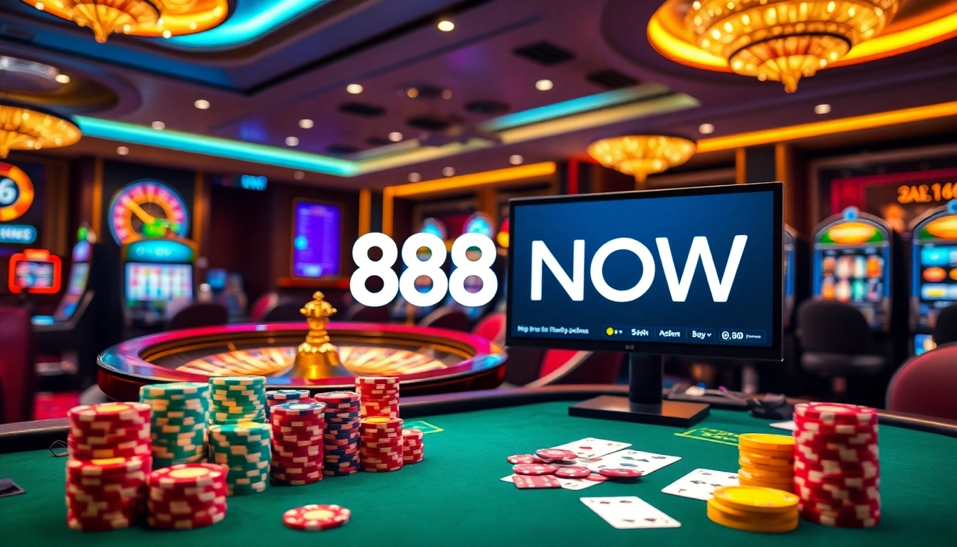 Experience high-stakes gaming action at 888NOW with vibrant poker chips and casino tables.
