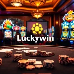 Luckywin casino scene featuring poker chips, cards, and vibrant slot machines.