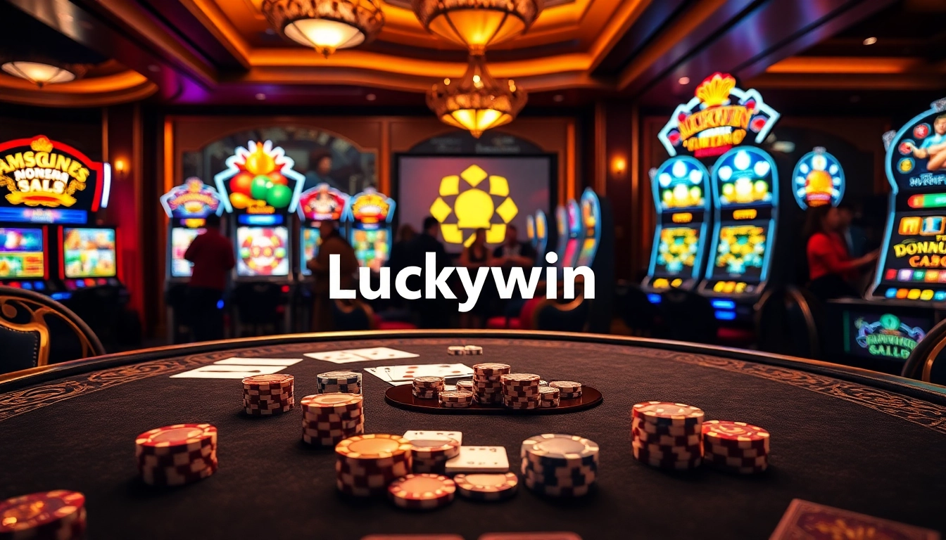 Luckywin casino scene featuring poker chips, cards, and vibrant slot machines.