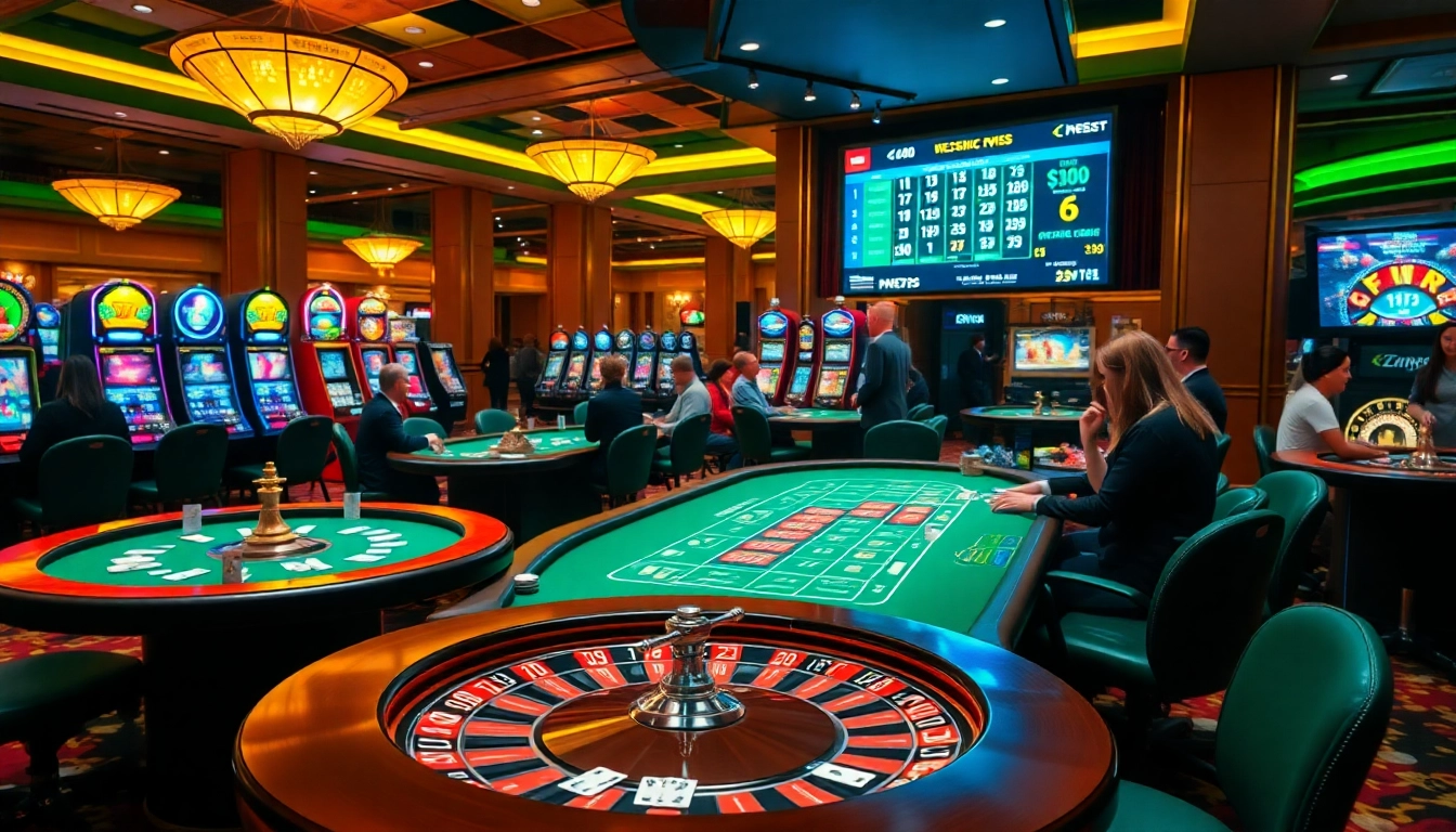 Gamblers enjoying high-stakes excitement at fun79 casino with vibrant tables and slot machines.