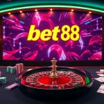 Exciting casino scene showcasing bet 88 with poker chips and vibrant slot machines.