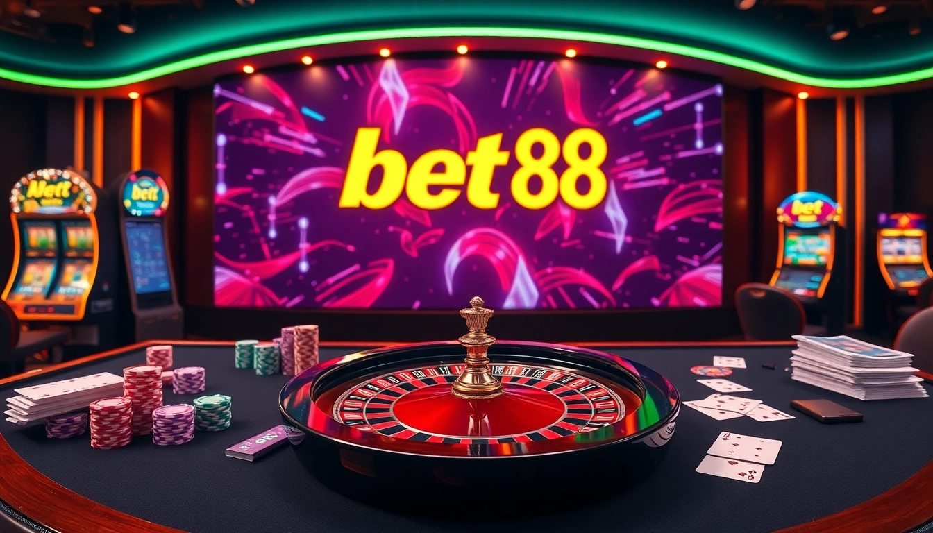 Exciting casino scene showcasing bet 88 with poker chips and vibrant slot machines.
