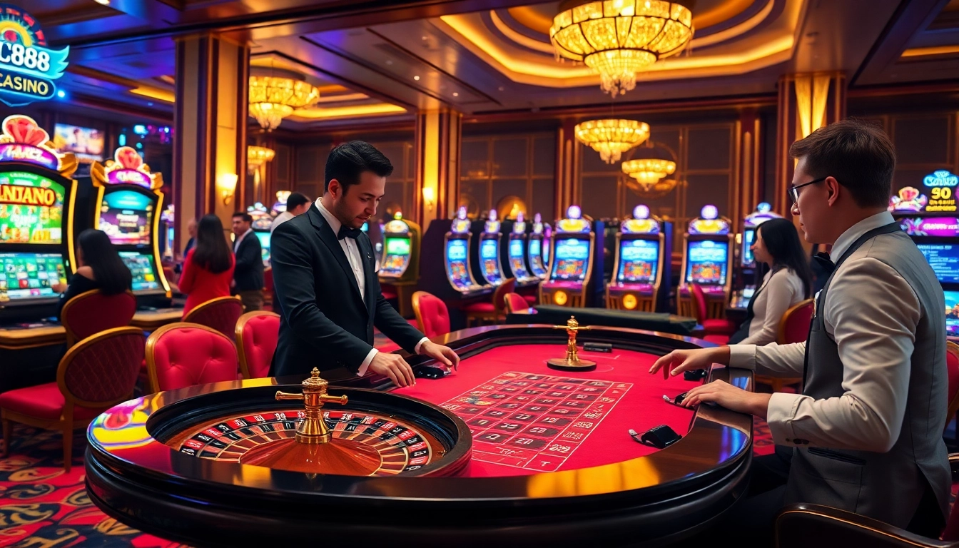 Players at an Lc88 roulette table experience thrilling action in a luxury casino environment.