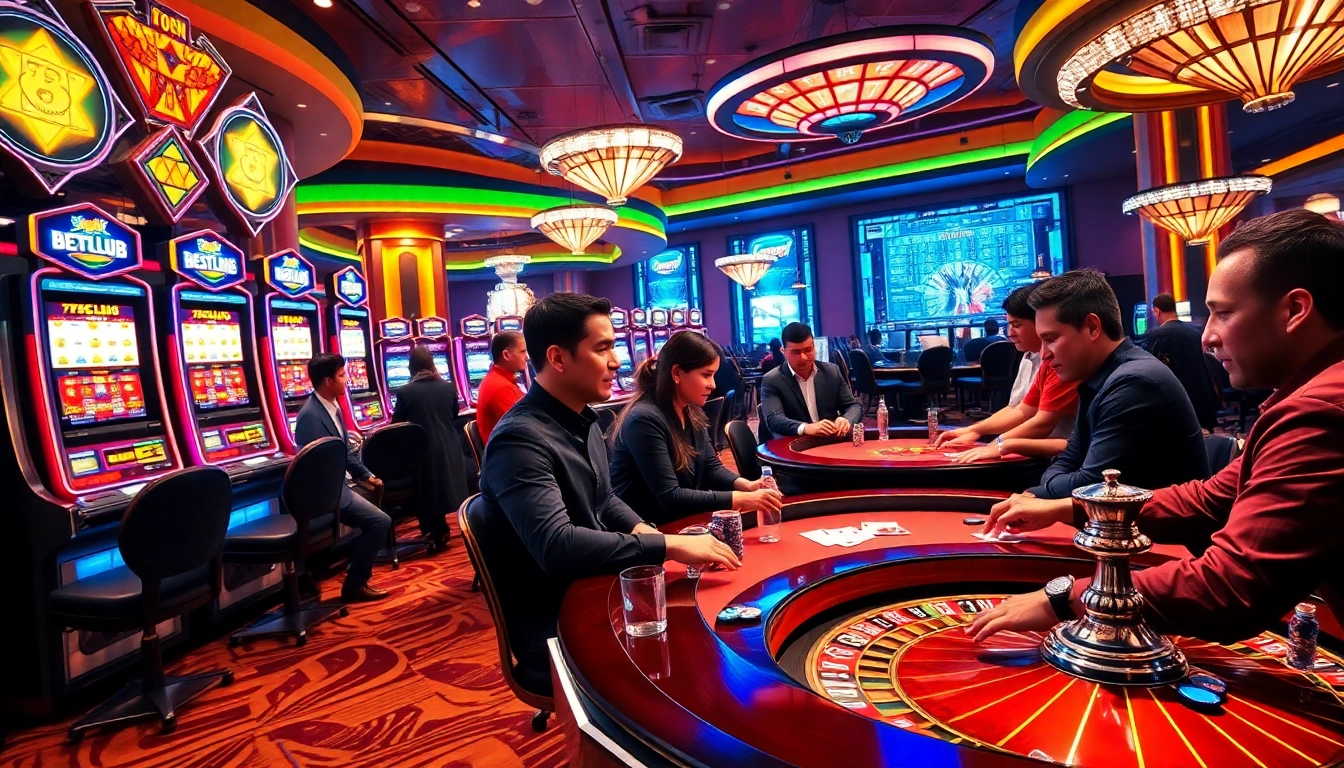 Experience the thrill of 789CLUB with vibrant casino scenes showcasing poker and slot excitement.