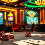 Players engaging in a thrilling poker game at 788t casino, surrounded by vibrant slot machines.