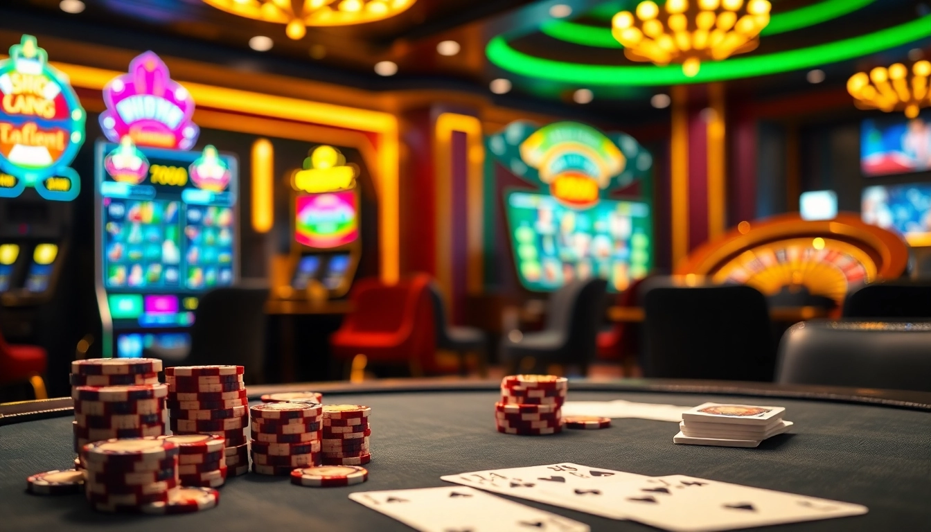 Players engaging in a thrilling poker game at 788t casino, surrounded by vibrant slot machines.