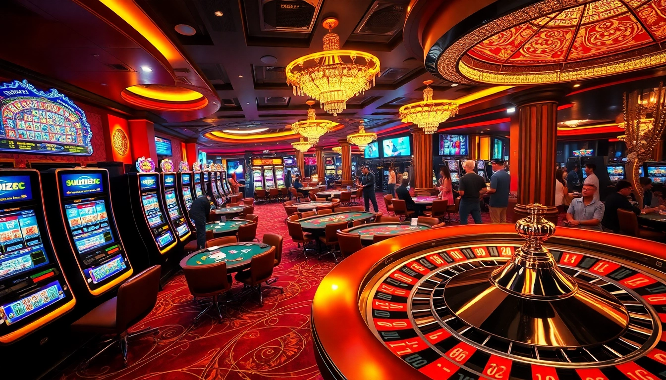 KJC casino scene featuring players engaged at poker tables and vibrant slot machines.