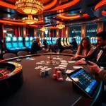 S8 interface glows on a tablet at a vibrant casino poker table, showcasing excitement and luxury.