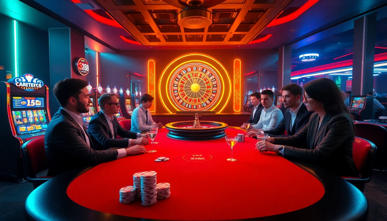 SX88 casino atmosphere with poker tables, vibrant chips, and roulette wheels enhancing the gambling experience.
