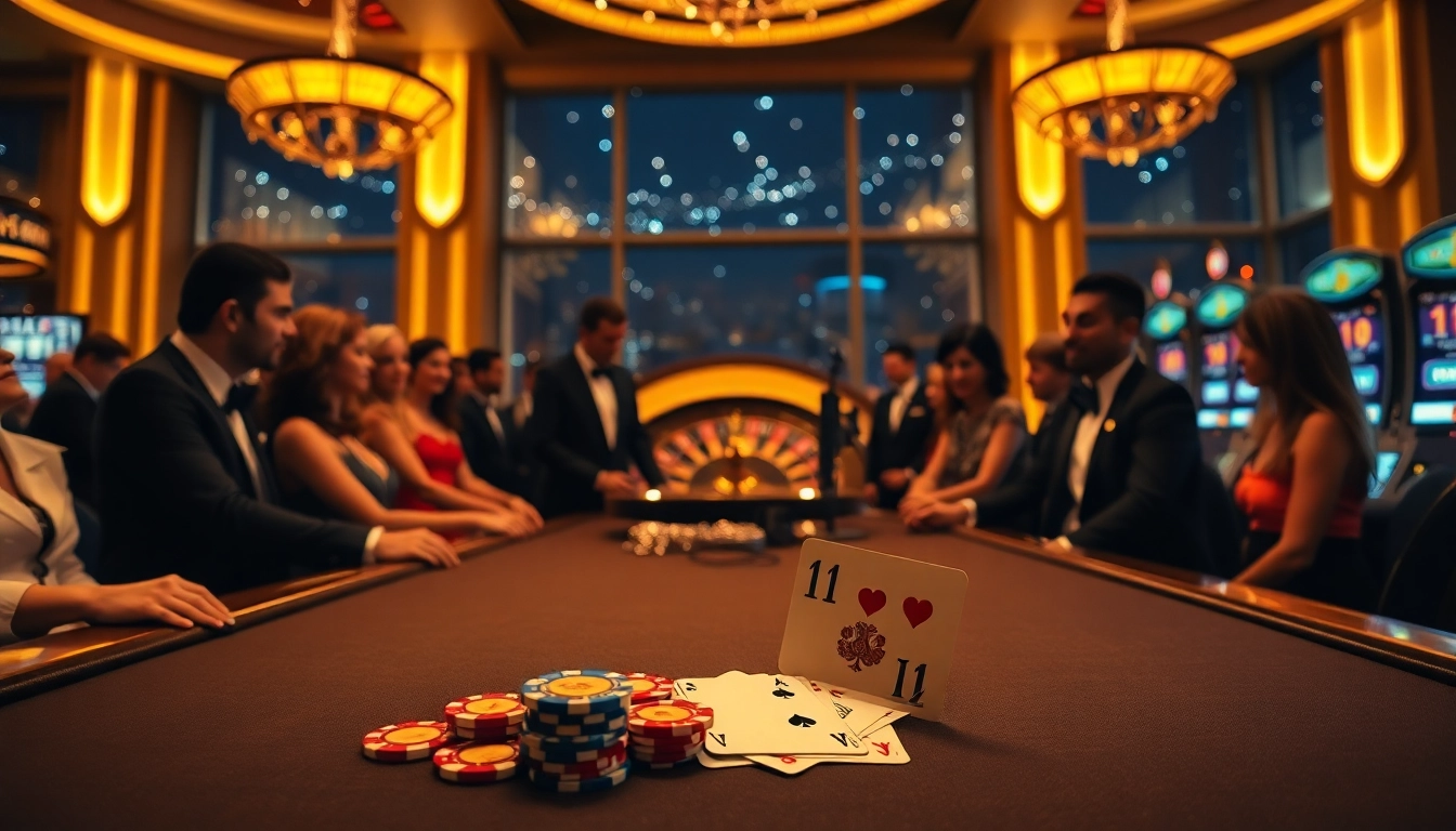 Players engaging in a thrilling poker game at a casino with 11WIN chips and cards.