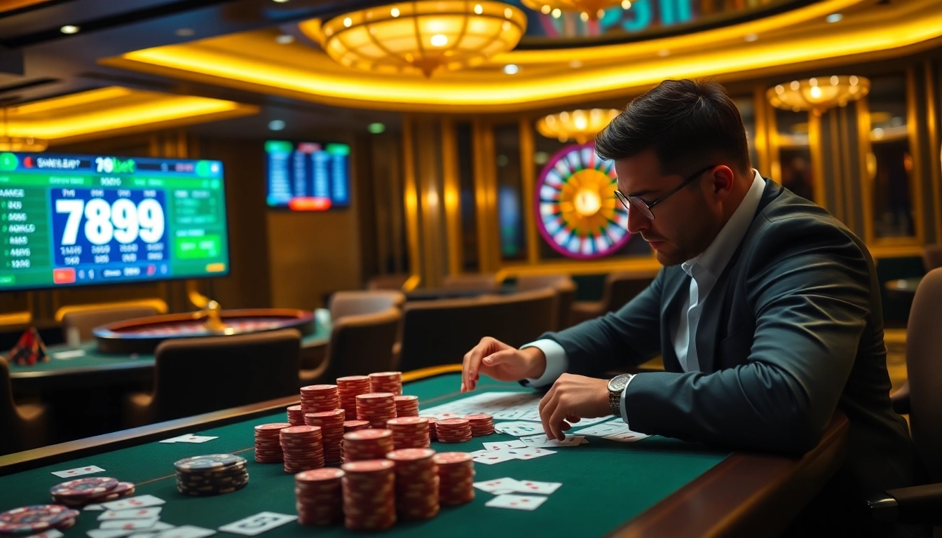 Engaging scene of a player betting at 789bet casino with cards and chips, excitement in the air.
