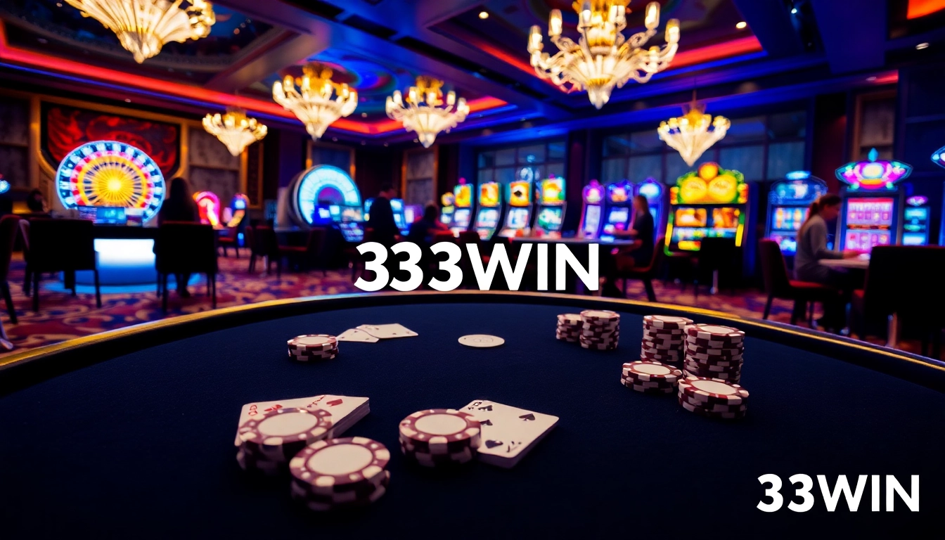 Intense poker action at 33WIN casino with vibrant slot machines in the background.